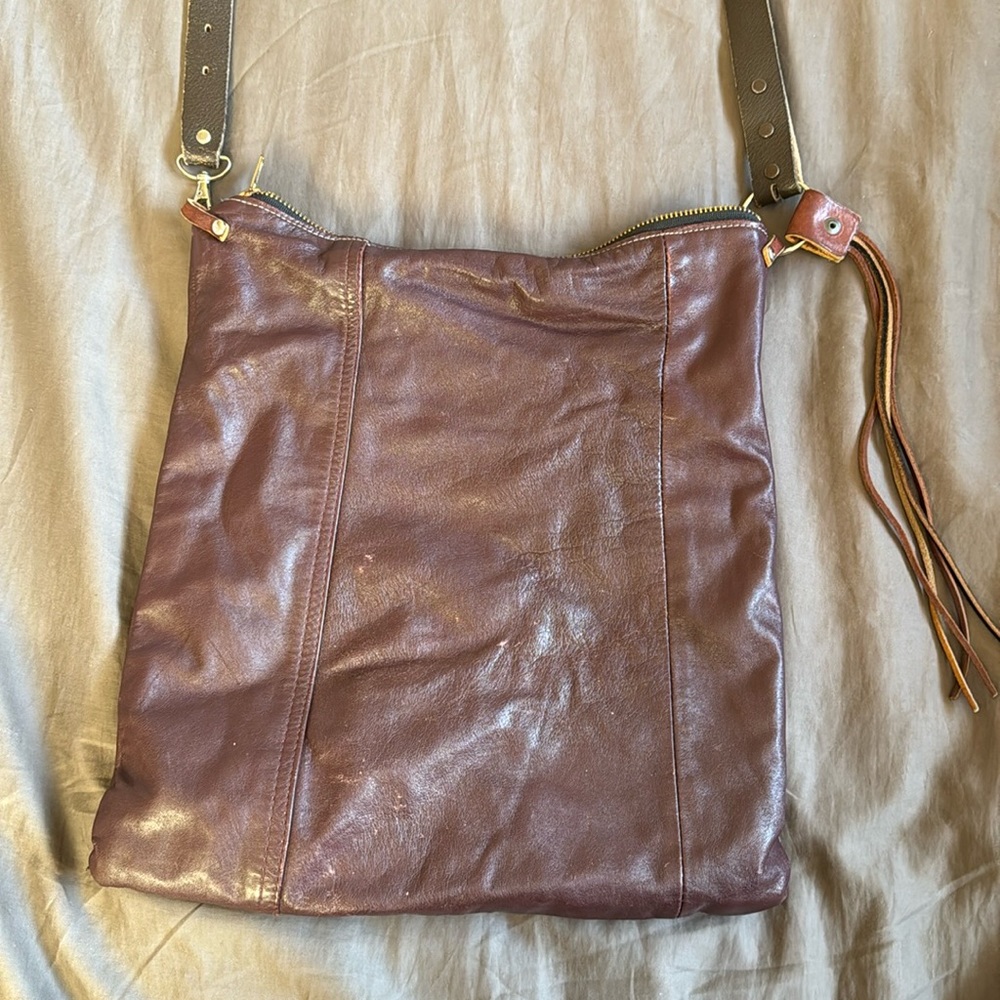 Custom upcycled leather shoulder tote.